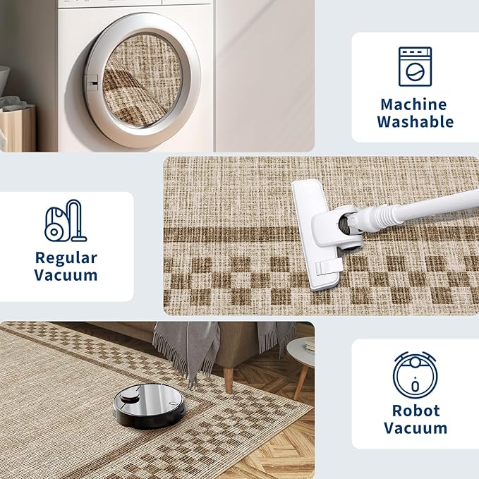 GarveeHome 5x7 Washable Area Rug for Bedroom Living Room Non Slip Modern Bordered Throw Rugs Low Pile Soft Checkered Dining Room Area Rugs Geometric Throw Carpet for Kitchen Nursery Office, Taupe