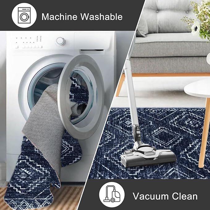 KILOCOCO Hallway Runner Rug 2x7 Runners for Hallways Washable Runner Rug Non Slip Rubber Backed Low-Pile Runners for Bedroom Kitchen Living Room Laundry Room Boho Rugs, Dark Blue