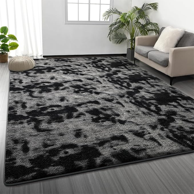Large Area Rugs for Living Room Bedroom, 7 x 10 Ft Non-Slip Tie-Dyed Modern Area Rug, Soft Thickened Memory Foam Rug, Comfy Indoor Carpet for Boys Girls Room Nursery Dorm Home Decor, Dark Grey