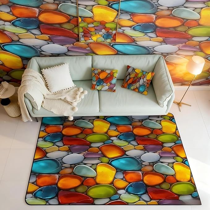 Cobblestone 3x5 Area Rug Rainbow Pebble Rugs for Living Room | Garden Gravel Stone Washable Rug, Watercolor Cobble Carpet Indoor Floor Mat