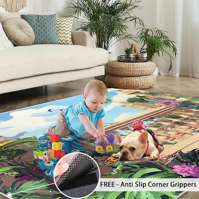 Peacock Rugs for Living Room - 8x10 Rug, Tropical Palm Leaves Area Rugs for Bedroom, Peacock Decor Rug, Floral Animal Washable Carpet, Peafowl Carpet - Peafowl Home Decor & Gifts