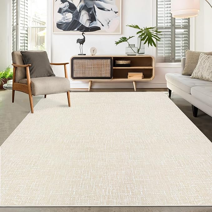 RUGSREAL Area Rug 5x7 Machine Washable Area Rug for Living Room Non-Slip Stain Resistant Modern Abstract Rug Contemporary Solid Throw Rug Foldable Accent Floor Carpet for Dining Room, Cream