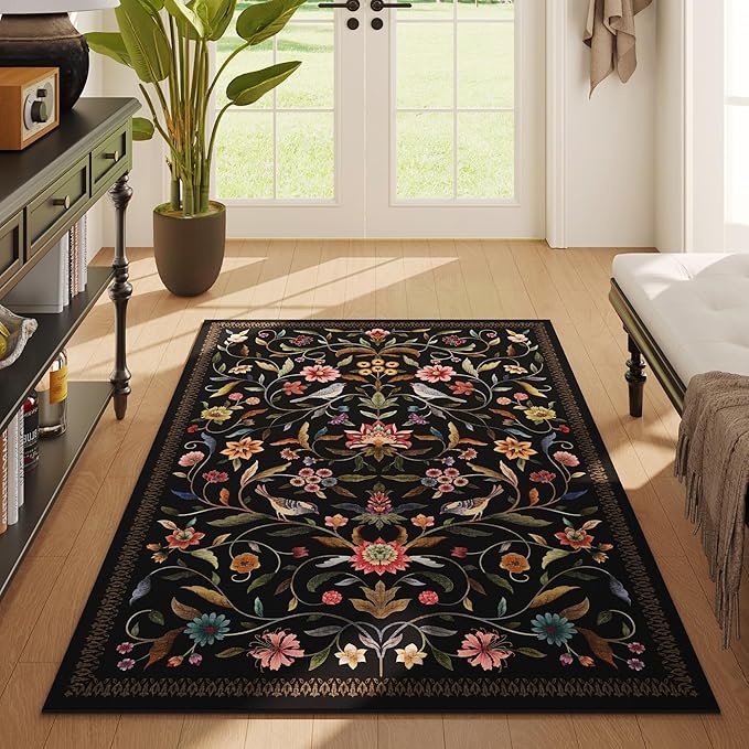 Vintage Medallion Floral 3x5 Washable Rug, Soft Low Pile Area Rug, Non-Slip Carpet for Bedside, Bedroom, Bathroom, Entryway, Kitchen, Office, Kids/Girls Room | Black