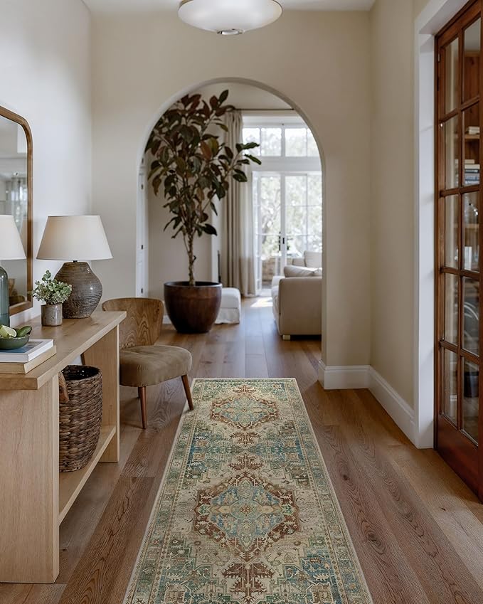 GENIMO 2'6'' X 8' Runner Rugs for Entryway,Machine Washable Vintage Floor Cover Foldable Modern Non Slip Rug, Low Pile Soft Carpet Floral Print Mat for Indoor Entryway/Bathroom/Kitchen,Sage Green