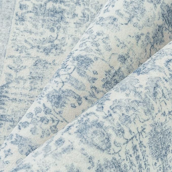 Blue Area Rug 10x14 Machine Washable Large Vintage Living Room Distressed Non Slip Carpet Traditional Indoor Bedroom Grey Retro Floral Accent Throw Rug for Office Kitchen Dining Room