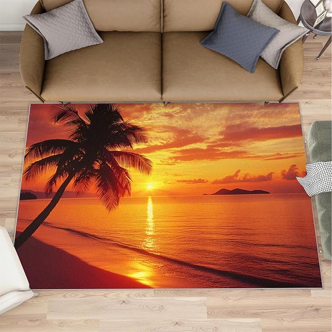 Coastal Rugs for Bedroom - 6x9 Area Rug - Ocean Beach Rugs for Living Room, Sunset Palm Trees Rug, Non-Slip Washable Home Decor Carpet
