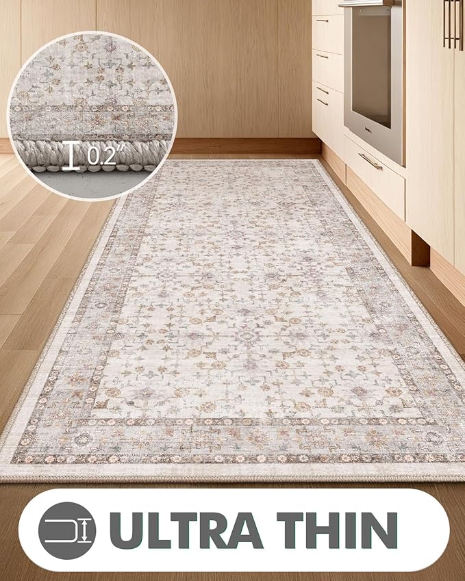 LUMI Washable Kitchen Rug, 23x59 Non-Slip Indoor Hallway Runner, Soft Low Pile Vintage Distressed Area Rugs for Laundry, Bedroom, Beige
