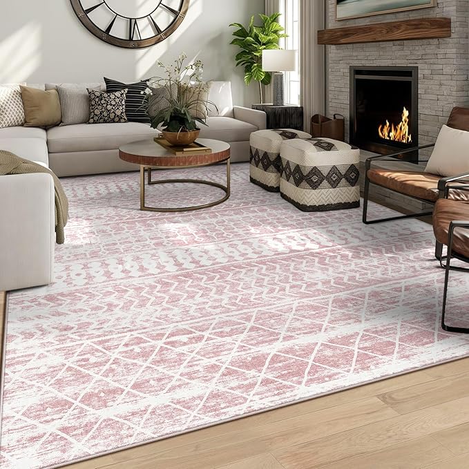 8x10 Machine Washable Area Rug for Living Room, Pink Vintage Moroccan Rug Large Non-Slip Low Pile Soft Faux Wool Carpet, Kids and Pets Friendly for Bedroom Dining Room Farmhouse Home Decor Rug