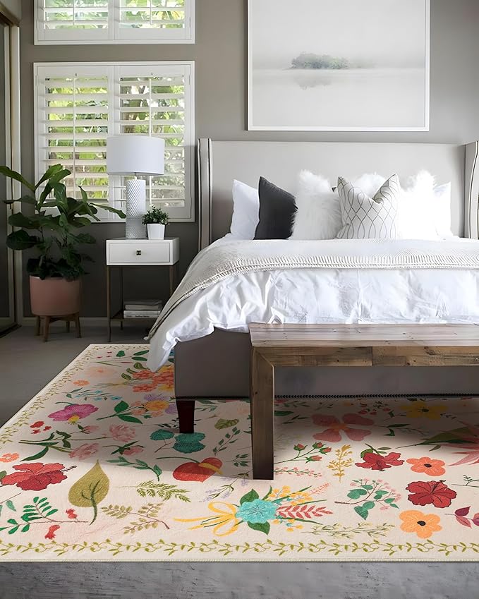 Area Rug 9x12, Washable Large Rugs for Living Room, Non Slip 0.27" Low Pile Vintage Floral Large Carpet for Bedroom, Dining Room, Kids Playroom (Beige)