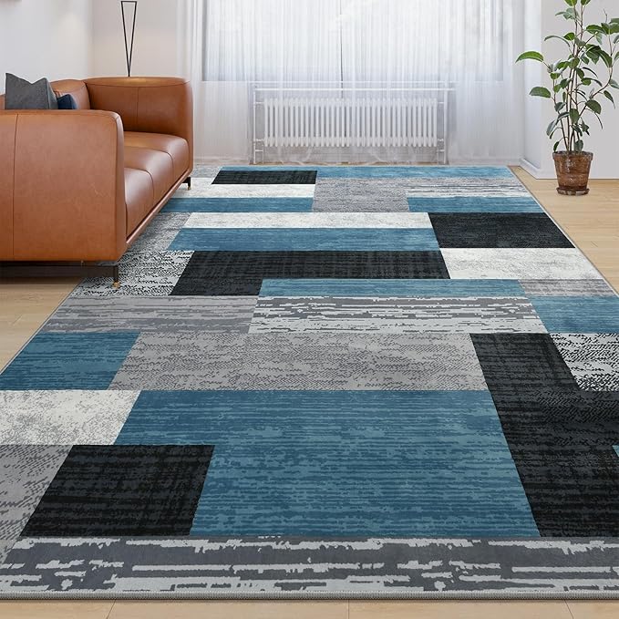 Large Area Rugs,Modern Geometric Patchwork Floor Decor for Bedroom Aesthetic Carpet, Rockwood Collection, Indoor Rugs for Living Room, Dining Room, Nursery, Office, Machine Washable Rug,8x10 Ft Blue