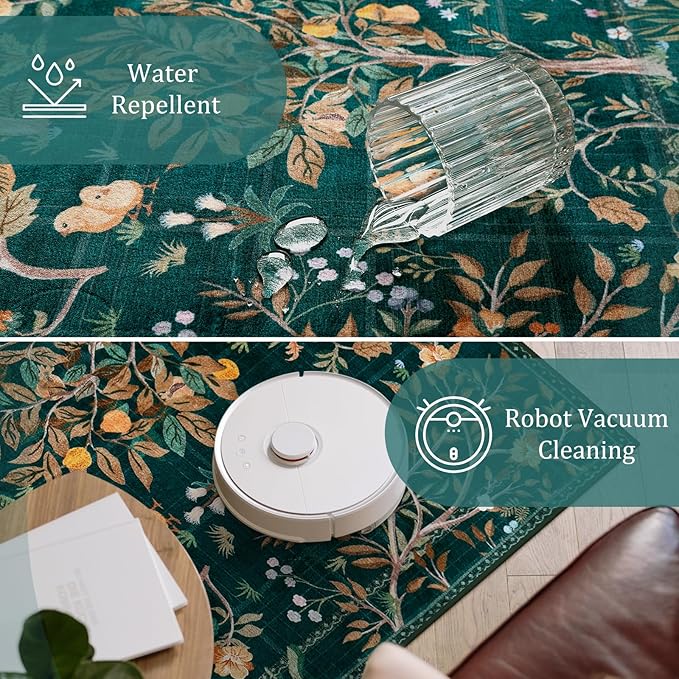 Morebes Boho Washable 5x7 Area Rugs, Dark Green Floral Rugs for Living Room Non Slip, Soft Botanical Indoor Floor Carpet for Kids Playroom Dining Room Bedroom Nursery Dorm