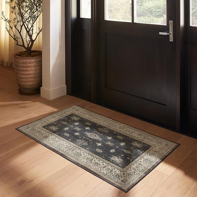 RUGGABLE Washable Vintage Area Rug – Verena Dark Wood 4x6, Stain-Resistant, Non-Slip – Medium Machine Washable Rugs for Living Room, Bedroom, Hallway, Entryway & Office–with Standard Pad