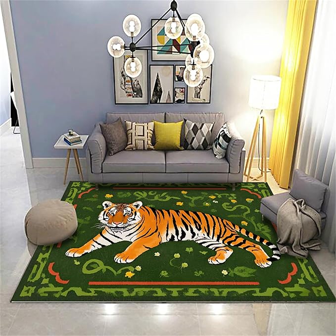 Jungle Tiger Area Rug,3x5ft, Cozy Jungle Style Tiger Print Area Rug Surrounded by Green Plants and Yellow Flowers Washable Animal Rug for Farmhouse Living Room Bedroom Kitchen Kids Room Decor