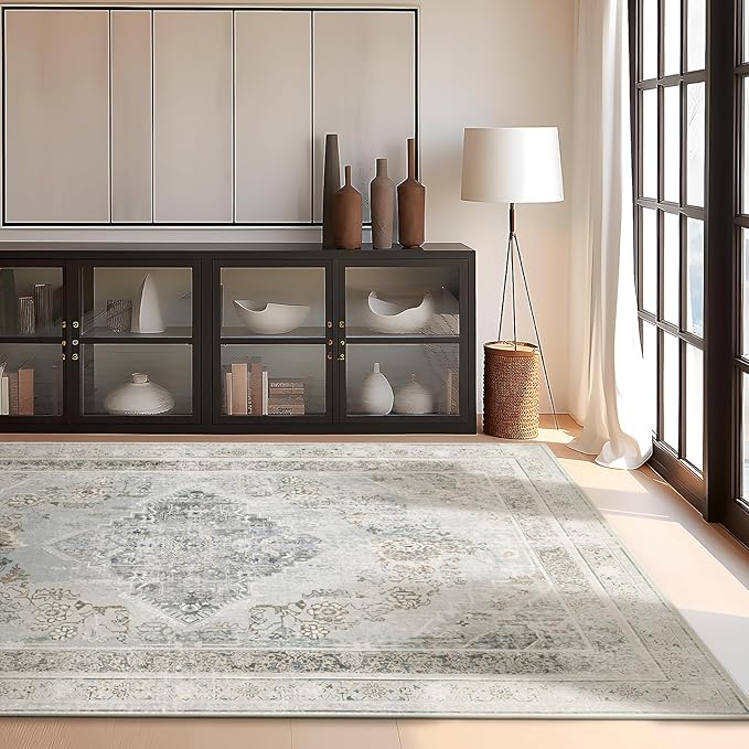 Phantoscope Washable Area Rug 9'x12' Non-Slip, Vintage Neutral Rugs for Living Room, Bedroom, Dining Room, Distressed Boho Medallion Pattern, Low-Pile Foldable Floor Carpet, Silver Grey/Taupe