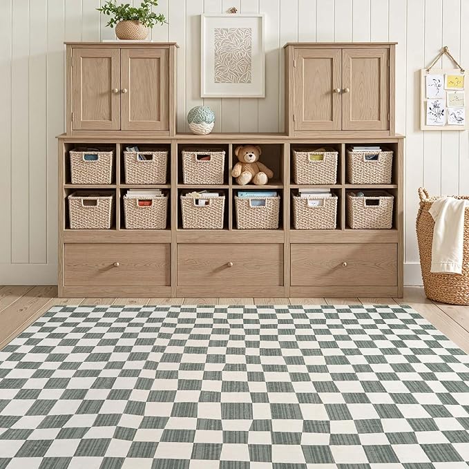 jinchan 4x6 Checkered Area Rugs for Kids Room - Machine Washable Soft Rug Modern Geometric Lattice Non-Slip Carpet for Nursery Playroom Bedroom Entryway Living Room Dining Room Home Office Grey