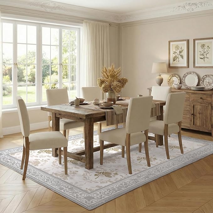 SOULFUL Medium Pile 8x10 Rugs for Living Room - Soft Underfoot Large Area Rug - Light Taupe Boho Floral - Washable Non-Slip - Perfect for Bedroom Kids Room Under Dining Table Office