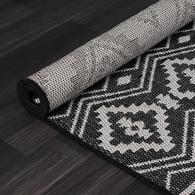 Beverly Rug Waikiki Boho Indoor Outdoor Rug 10x14, Washable Outside Carpet for Patio, Deck, Porch, Bohemian Area Rug, Farmhouse Rugs, Aztec Tribal Rug, Black and White