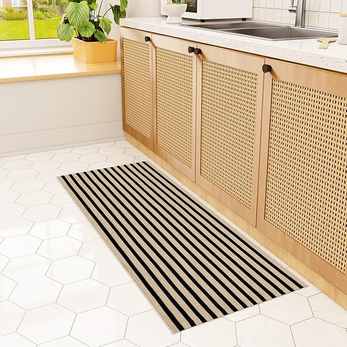 Outdoor Rug Front Door Mat 2'x4.3', Cotton Indoor Doormat Washable Black and Tan Striped Rug, Stain Resistant Reversible Layered Door Mats for Entryway/Farmhouse/Home Entrance