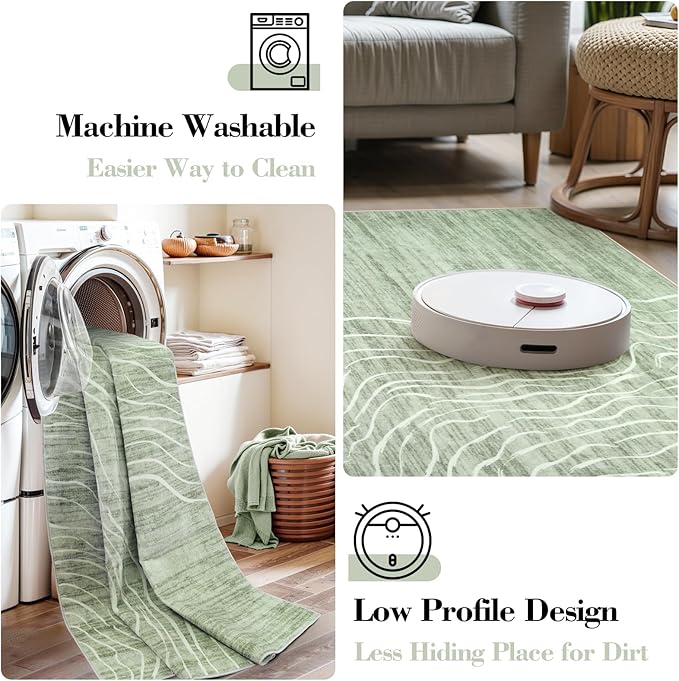 LIVEBOX 8x10 Modern Area Rugs for Living Room, Abstract Non-Slip Washable Rugs, Minimalist Wave Striped Neutral Boys Girl Nursery Area Rug for Bedroom, Carpet for Playroom Office(Sage Green,8'x10')