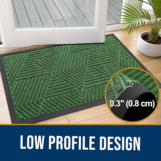 Kitinjoy Front Door Mat Outside Entrance, Sturdy Natural Dirt Trapper, Heavy Duty Rubber Doormat, Low Profile Non-Slip Backing, Easy Clean Floor Mat for Indoor Outdoor Entry, 29.5X17 Inch, Green