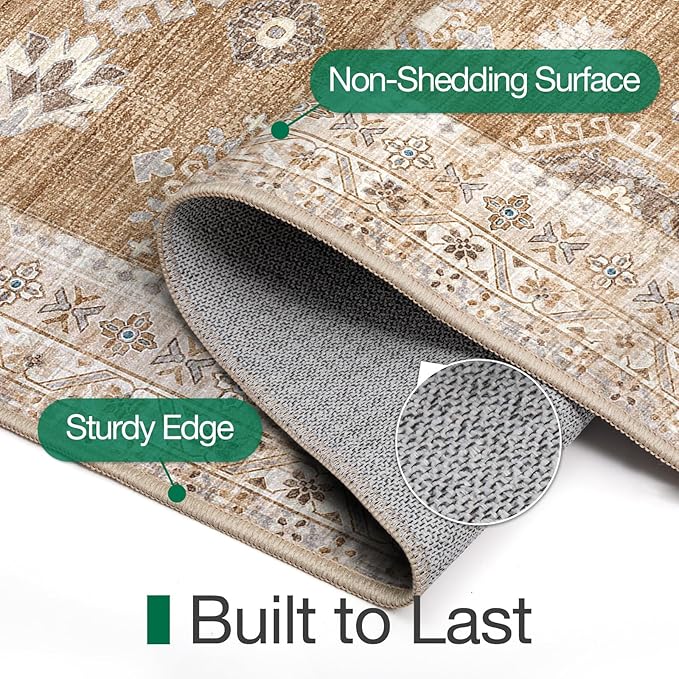 LUMI Indoor Thin Door Mat, 32x47 Washable Small Inside Doormat, Non Slip Low Pile Oriental Floor Carpet, Vintage Distressed Area Rug for Front Door,Entrance,Bedroom, Amber