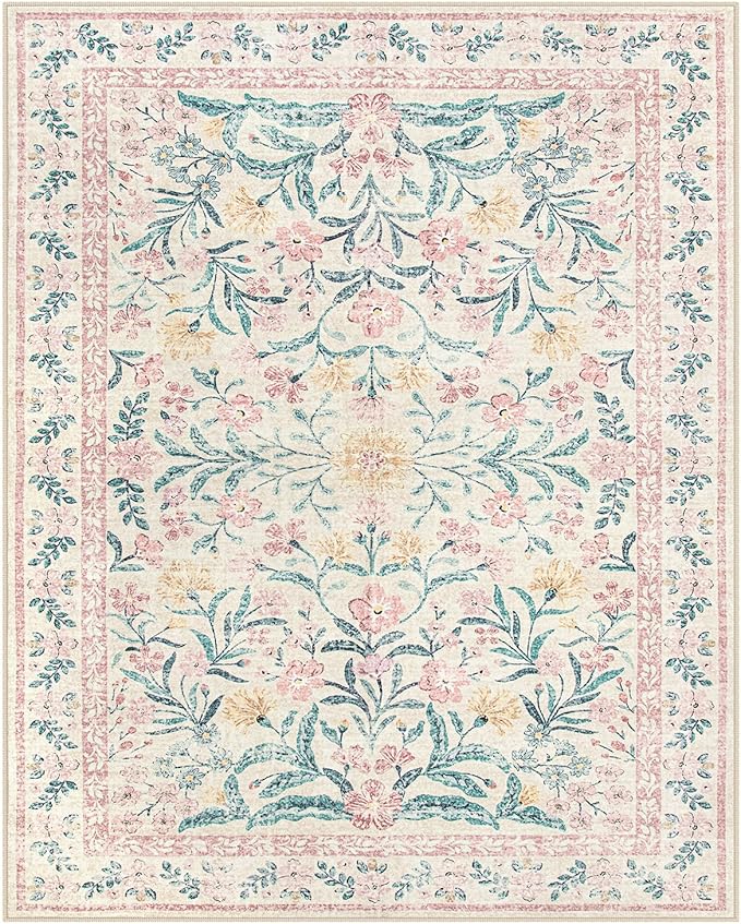 Lahome Large Rugs for Living Room, Boho Machine Washable 8x10 Area Rugs Girls Bedroom Decor, Ultra-Thin Soft Distressed Floral Carpets Non Slip for Office Dining Room, Pink/Multi