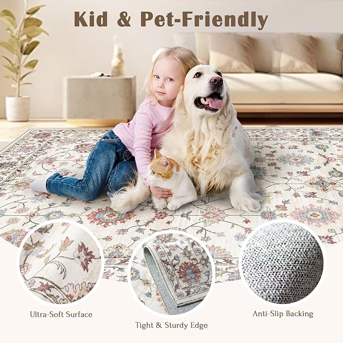 Washable Round Area Rug 8ft - Cream Colorful Traditional Floral Living Room Circle Rug 8x8 Non-Slip Vintage Bohemian Dining Room Carpet Soft Vintage Boho Round Rugs for Bedroom Office Entryway