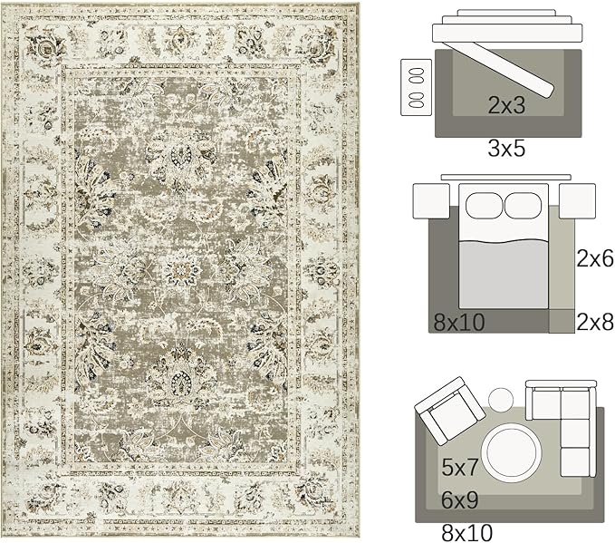 jinchan Fiora Washable Area Rug 3x5 Entryway Rug - Distressed Vintage Floral Ultra-Thin Low-Pile Soft Non-Shedding Indoor Floor Carpet for Kitchen Bedroom Entrance Laundry Living Room(3x5ft, Taupe)