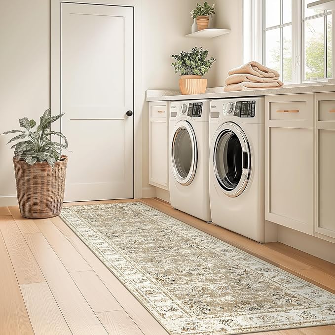 jinchan Fiora Runner Rug 2x6 Machine Washable Hallway Rug Taupe Vintage Floral Print Non-Slip Low Pile Ultra-Thin for Kitchen, Entryway, Laundry Room, Bedroom, Farmhouse (2‘x6’, Taupe)