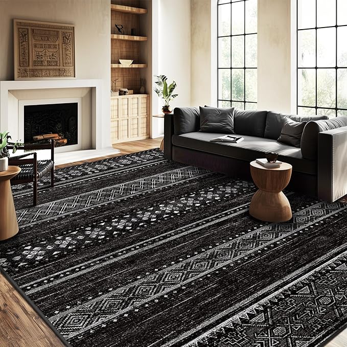 BESTSWEETIE 5x7 Area Rugs for Living Room Washable Moroccan Farmhouse Neutral Geometric Low Pile Non-Slip Soft Print Pattern Rug for Bedroom Kitchen Dining Room Entryway Black/White