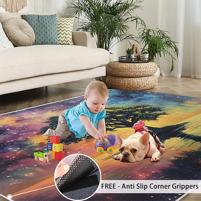 4x5 Tree of Life Indoor Outdoor Rug - Galaxy Tree Bedside Rug, Dreamlike Starry Sky Washable Entry Way Rugs Kids Carpet for Inside House Playroom Living Room End Table Nursery