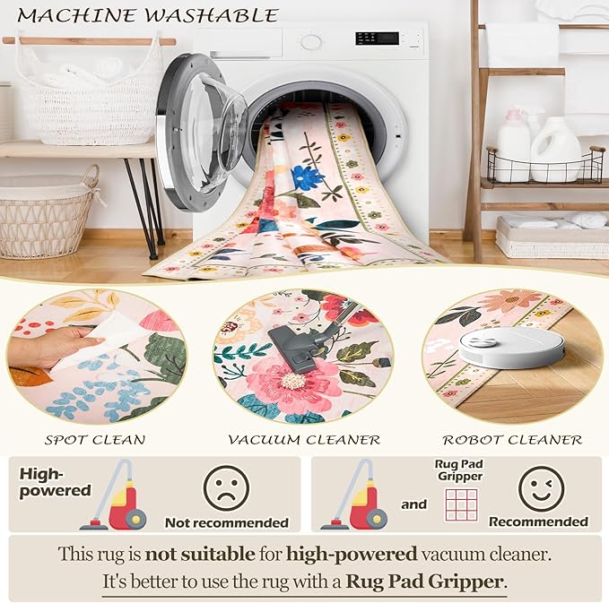 Floral 6ft Area Rug Machine Washable Soft Print Boho Carpet Non Slip Doormat Low Pile Flower Area Rugs for Living Room Bedroom Nursery Kitchen Dining Room Indoor-Pink