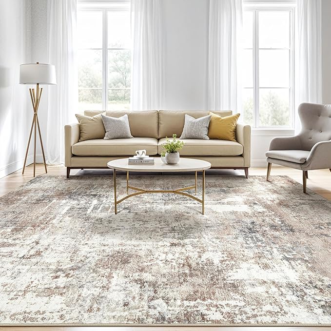 10x13 Area Rug Living Room: Washable Large Abstract Modern Soft Rugs Stain Resistant Indoor Floor Non Slip Accent Carpet for Bedroom Nursery Playroom Office Dining Room Dorm Home Decor- Brown