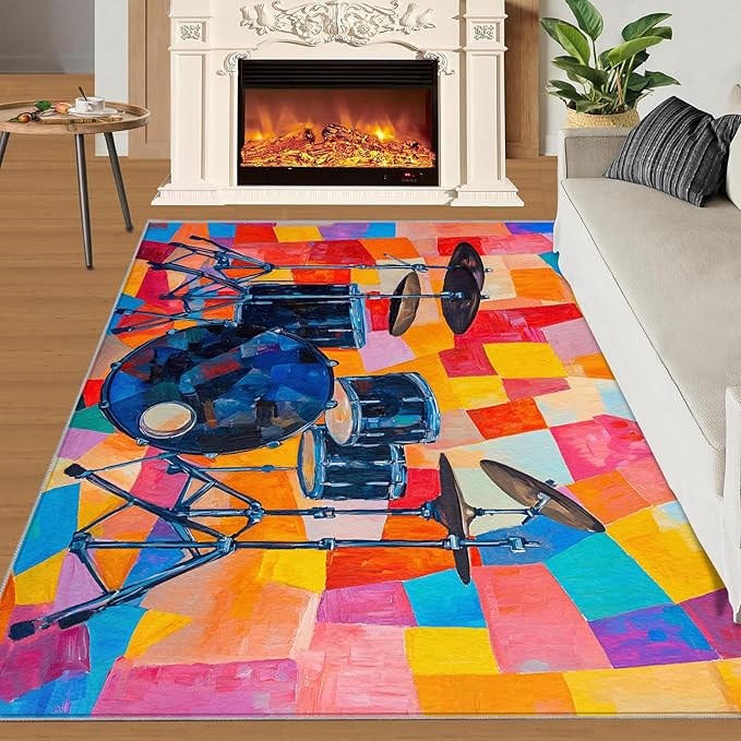 3x5 Drum Set Dorm Rug - Abstract Art Small Rugs for Bedroom, Pop Art Area Rug Washable Non Slip for Bedroom Kitchen Living Room Entryway