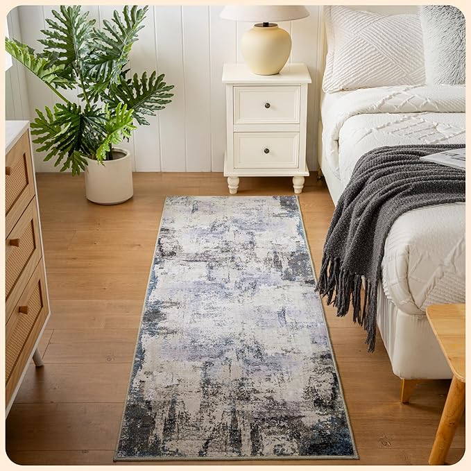 Istana Hallway Runner Rug 2x6 - Grey Navy Kitchen Rugs Non Slip Washable -Silk's Soft Touch Carpet Runner - Stylish Rug for Home