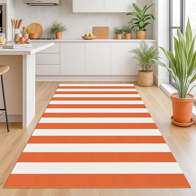 KOZYFLY Striped Outdoor Rug 4x6 Ft Orange and White Halloween Fall Hand Woven Area Rug Washable Outdoor Doormats Indoor Entrance Mat for Front Door Kitchen Entryway Patio Front Porch Decor