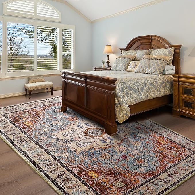 Washable Area Rugs 5x7, Low Pile Soft Vitnage Distressed Rug for Bedroom, Living Room, Dining Room, Non-Slip, Low Pile, Rust Brown