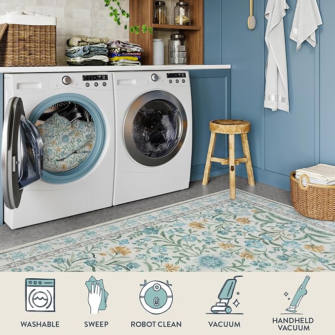 Lahome Light Blue Runner Rug 2x6, Boho Floral Runners for Kitchen Floor, Machine Washable Soft Thin Indoor Throw Carpet Runners for Hallway Bathroom Laundry 6ft, Blue