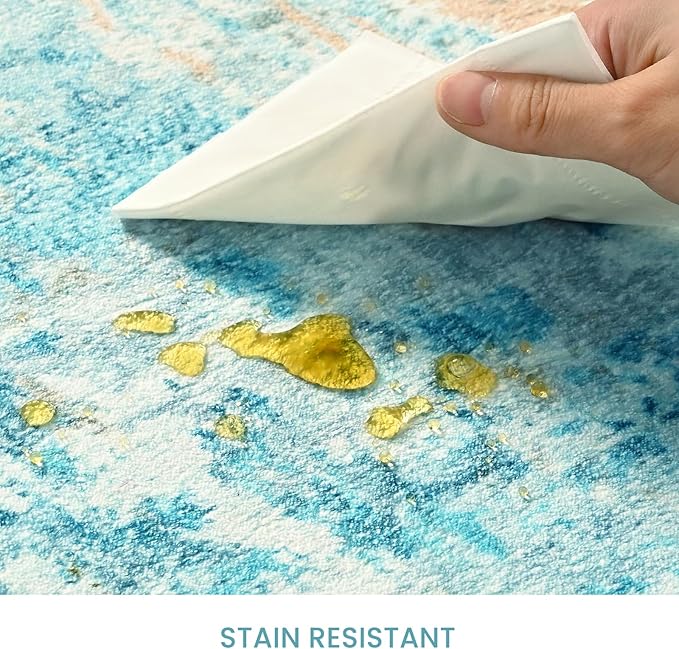 Entryway Rug 3x5 Teal Blue Bedroom Area Rug Washable Non Slip Abstract Boho Rugs for Indoor Entry, Kitchen, Classroom, Bathroom, Kids Girls Room, Office, College Dorm Small Carpet