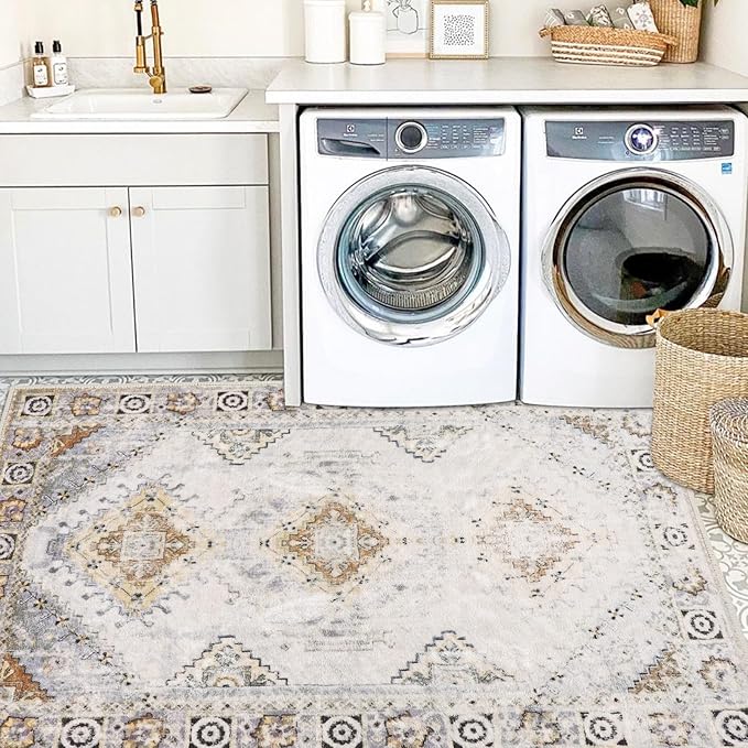 COMSLE Area Rug 4x6 Faux Wool Rugs for Kitchen, Boho Washable Throw Rugs Non-Slip Distressed Carpet Soft Accent Floor Rug for Bedroom, Living Room, Laundry Room (Khaki)