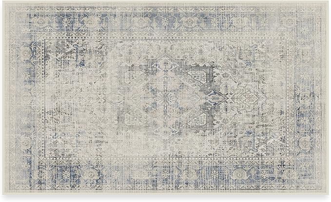 RUGGABLE Washable Vintage Area Rug – Kamran Blue Quartz 3x5, Stain-Resistant, Non-Slip – Small Machine Washable Rugs for Living Room, Bedroom, Hallway, Entryway & Office–with Cushioned Pad