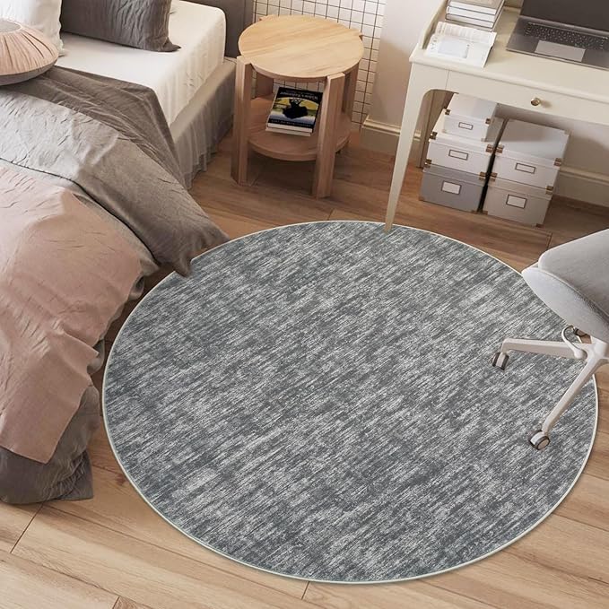 RUGSREAL Washable 4ft Round Rug Modern Solid Area Rug Circle Rug for Entryway Kitchen Indoor Non-Slip Dining Room Throw Carpet Contemporary Area Rug for Bedroom Living Room Nursery, 4' x 4' Round Grey