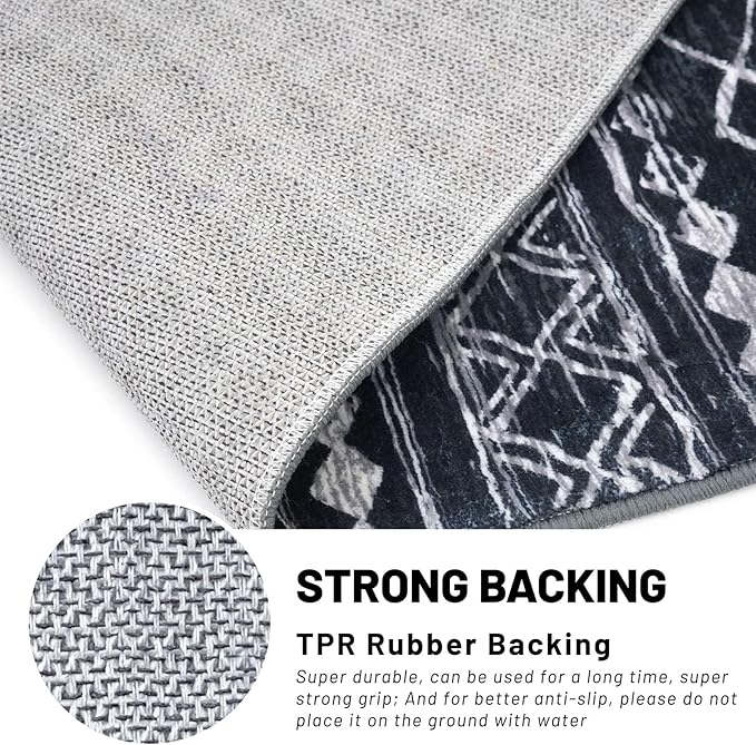 KUTA Moroccan Washable Hallway Runner Rug, 2x6 Non-Slip Vintage Black Boho Rugs Kitchen Runners Ultra Soft Distressed Geometric Floor Carpet for Bedroom Laundry Living Room