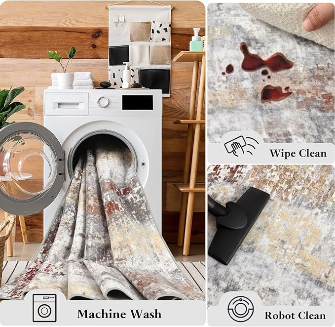 Washable Abstract Rug, 5x7 Modern Area Rugs with Non-Slip Rubber Backed for Living Room, Thin but Soft Contemporary Carpet Kitchen Bedroom Dining Room Decor, Rusty Brown