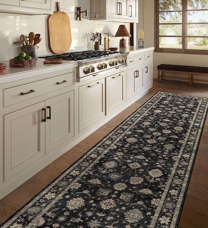 Washable Hallway Runner Rug 2.5x12ft - Long Non-Slip Charcoal Black Boho Runner Rug Low Pile Soft Vintage Farmhouse Moody Runners for Hallways Kitchen Living Room Indoor Entryway Bedroom