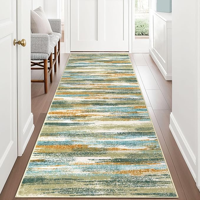 Modern Abstract Runner Rug 3x8, Green Mustard Multi Washable Kitchen Runner Non-Slip Soft Hallway Rug Runner Thin Print Faux Wool Carpet for Entryway Bedroom Laundry Room Indoor Home Office