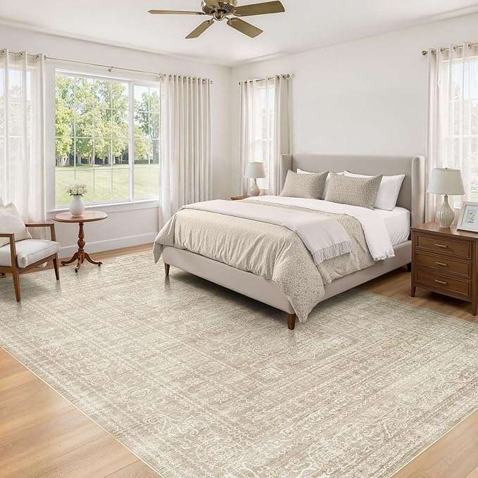 7x9 Area Rug Living Room: Washable Large Vintage Rug Neutral Non-Slip Soft Stain Resistant Indoor Carpet for Bedroom Nursery Dining Room Under Table Bed Home House Office Playroom - Brown