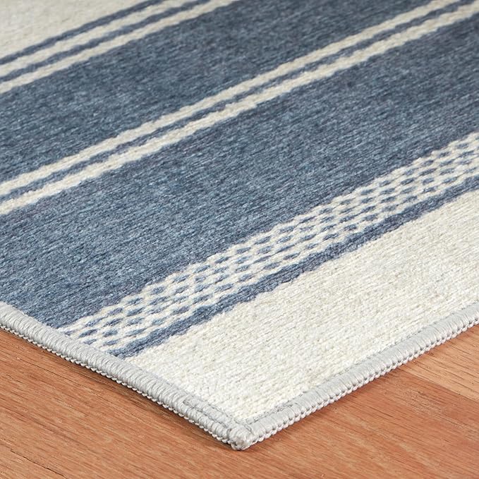Dash & Albert Bowman Stripe Blue Machine Washable Rug, 3 X 5 Feet, Blue Stripe Pattern