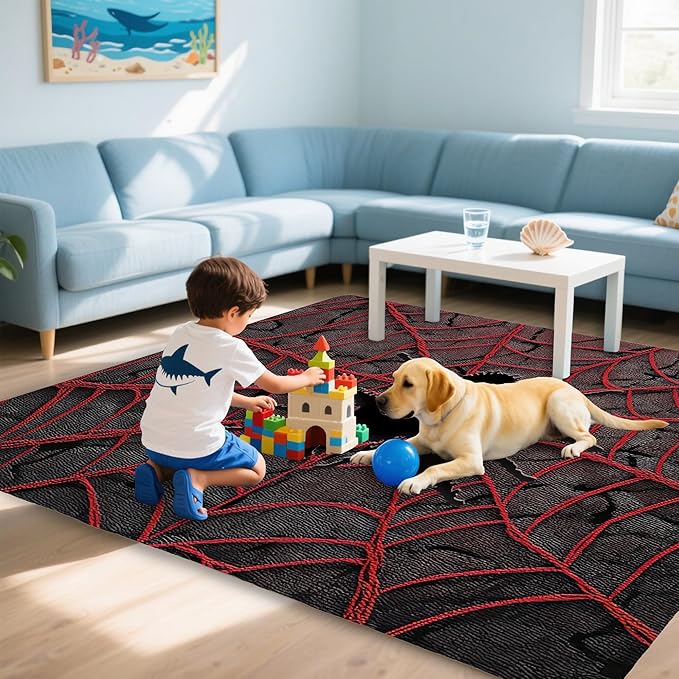 Red Spider Cool Washable Living Room Area Rug, Low Profile Abstract Pattern, 3x5 Non-Slip Backing Carpet for Kitchen, Bedroom, Dining Room