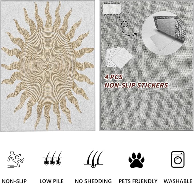 Boho Washable Rugs for Bedroom 6x9, Modern Sun Print Soft Minimalism Area Rug, Non Slip Low Pile Abstract Carpet for Classroom Living Room Decor Dining Room Sofa Kids Nursery Room, Beige Yellow